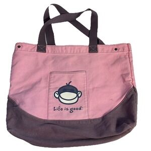 Life Is Good XL Tote Canvas Pink Gray Sock Monkey Beach Gym Grocery Bag see Desc